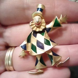 PEP Gold Tone Green Blue Enamel Harlequin Clown Brooch Pin